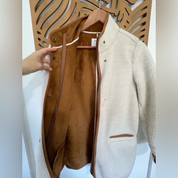 Old Navy Sherpa Coat Jacket Off White Saddle Brown Faux Suede Interior - Picture 3 of 9